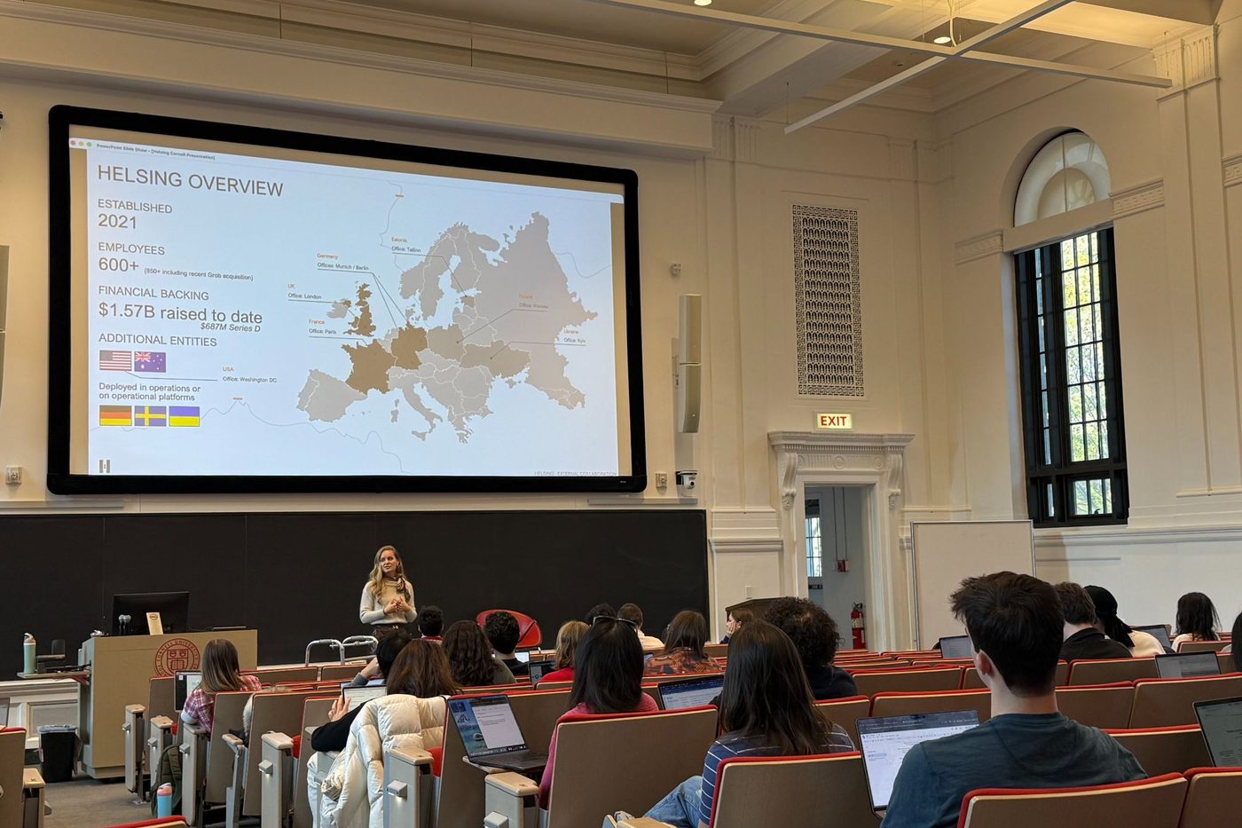 Jenny McArdle, General Manager of Helsing Inc., giving a presentation to the students of AI: Law, Ethics, and Policy.