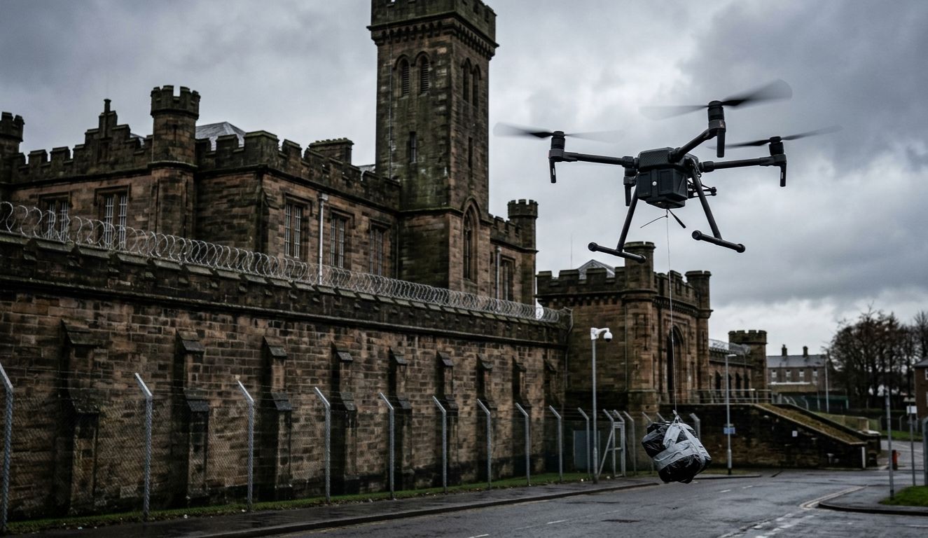 An aerial view of a drone above a correctional facility